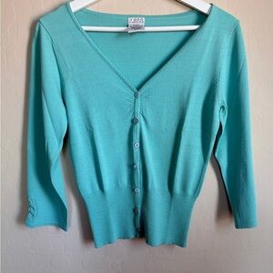 XOXO Y2K Cardigan Form Fitting Women's Button-Up Teal Aqua V Neck 3/4 Sleeve Med